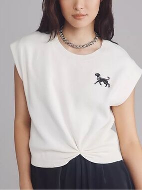 Anthropologie Gemini Cream Sleeveless Knit Sweater Cropped Top Black Dog Size M